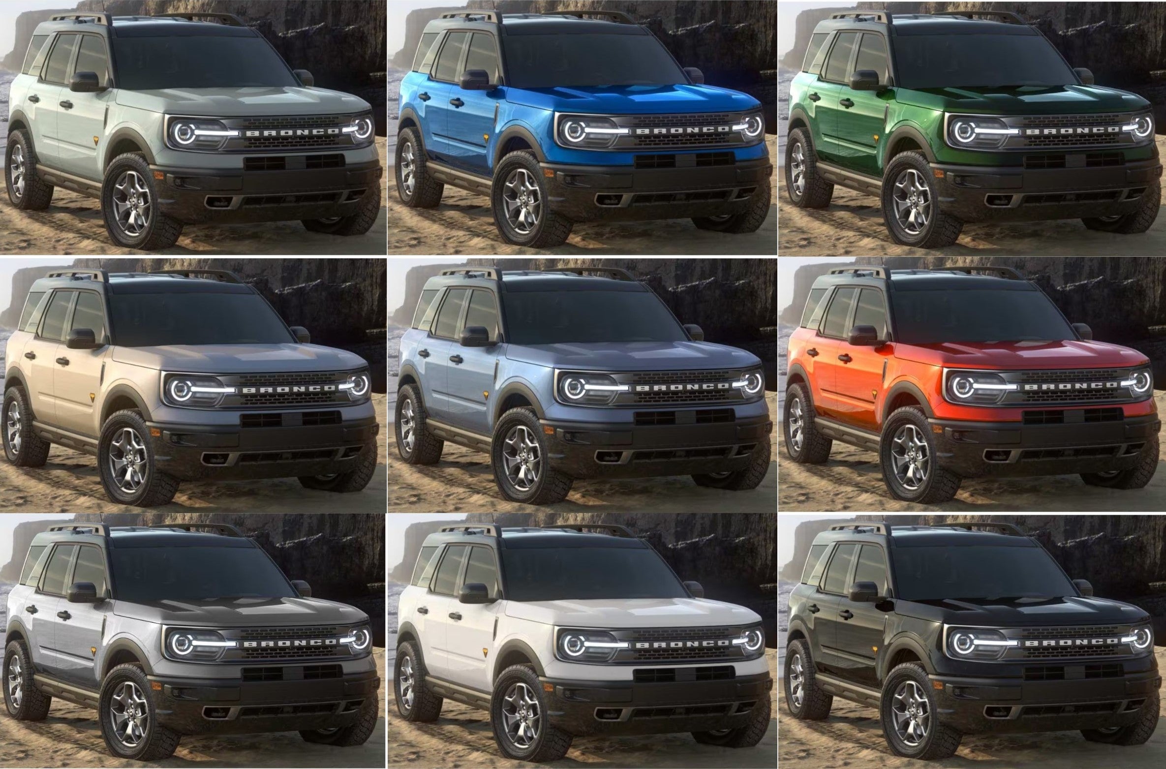a collage of 9 suvs showing different exterior colors