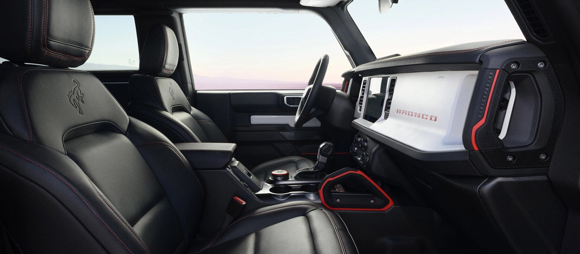 The interior of a bronco.