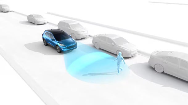 Graphic illustrating a vehicle with pedestrian detection technology highlighting its safety feature.
