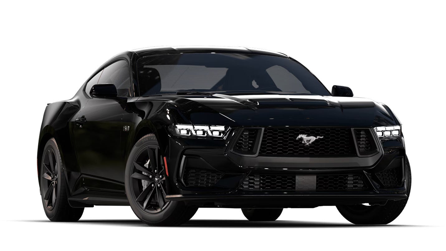 Front view of a black 2025 Ford Mustang GT with a glossy finish and aggressive styling.