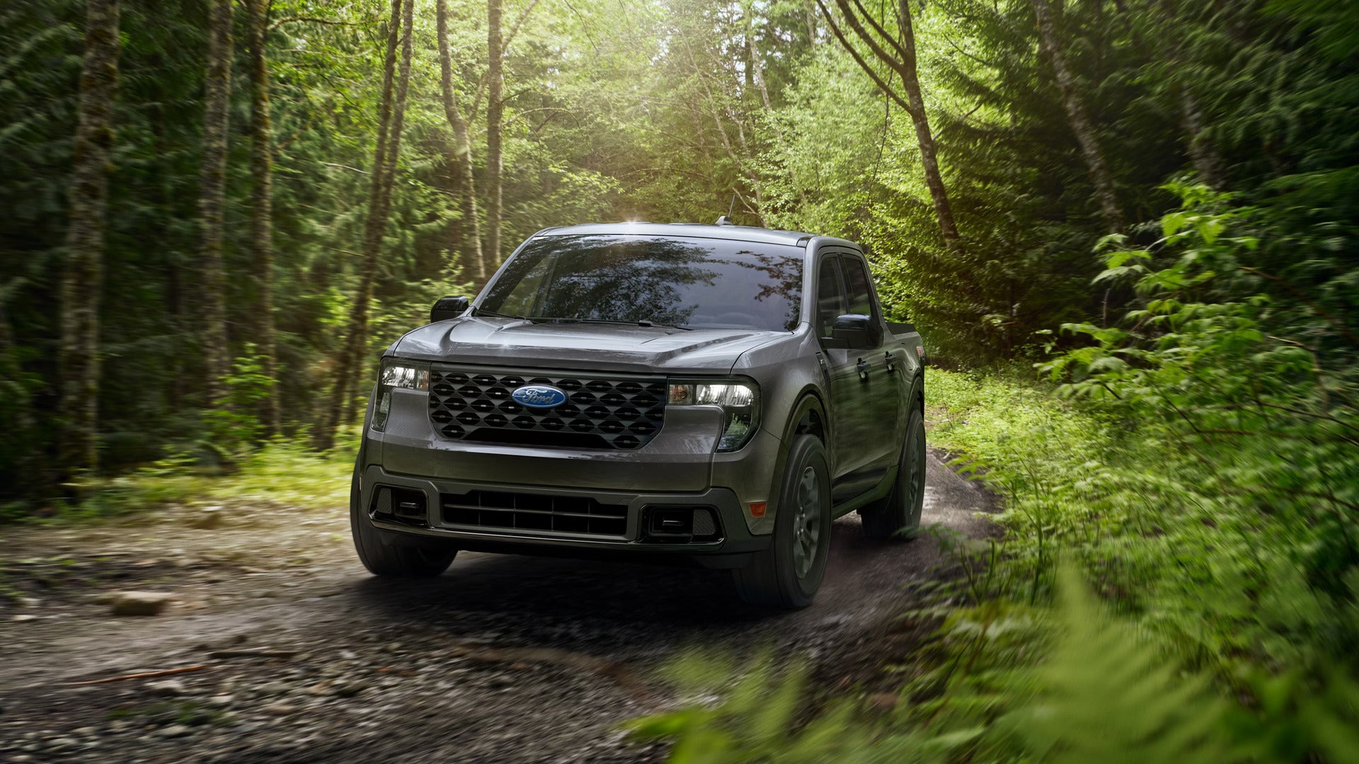 a 2026 Ford Maverick Driving on a drist road in the forest