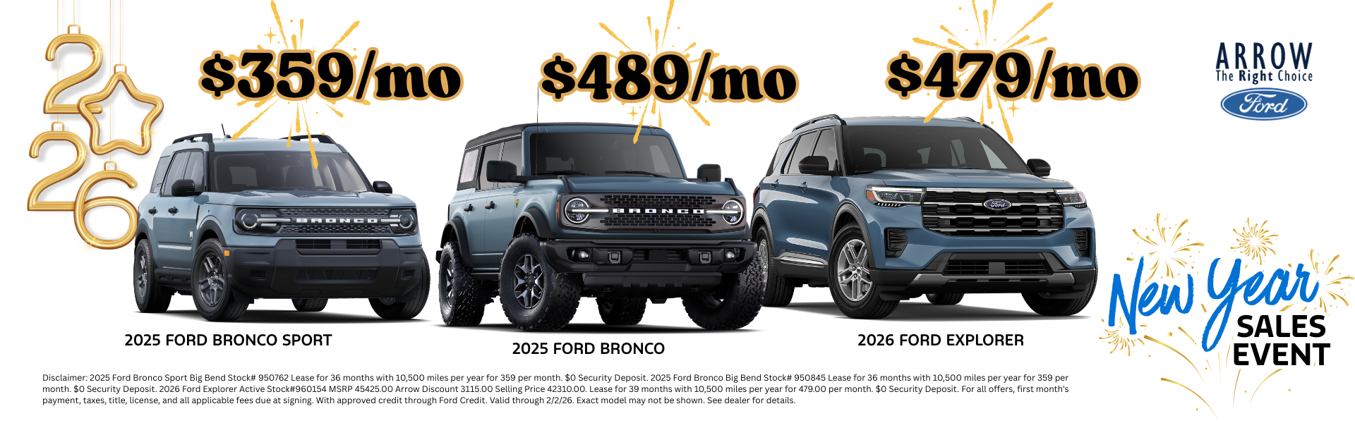 Arrow's lease offers on Bronco Sport, Bronco, and Explorer